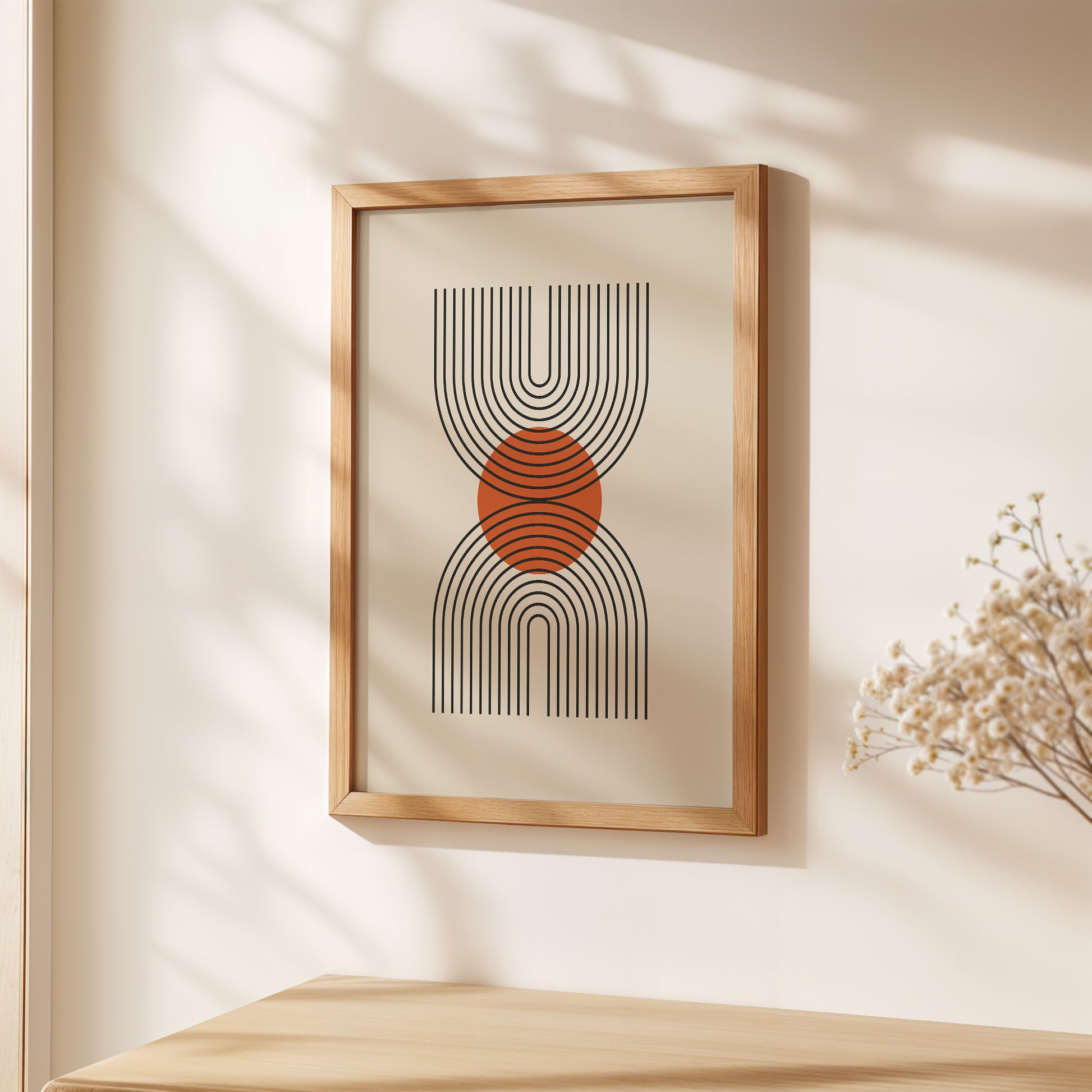 Bauhaus-inspired wall art print featuring mirrored U-shaped lines and a terracotta sun.