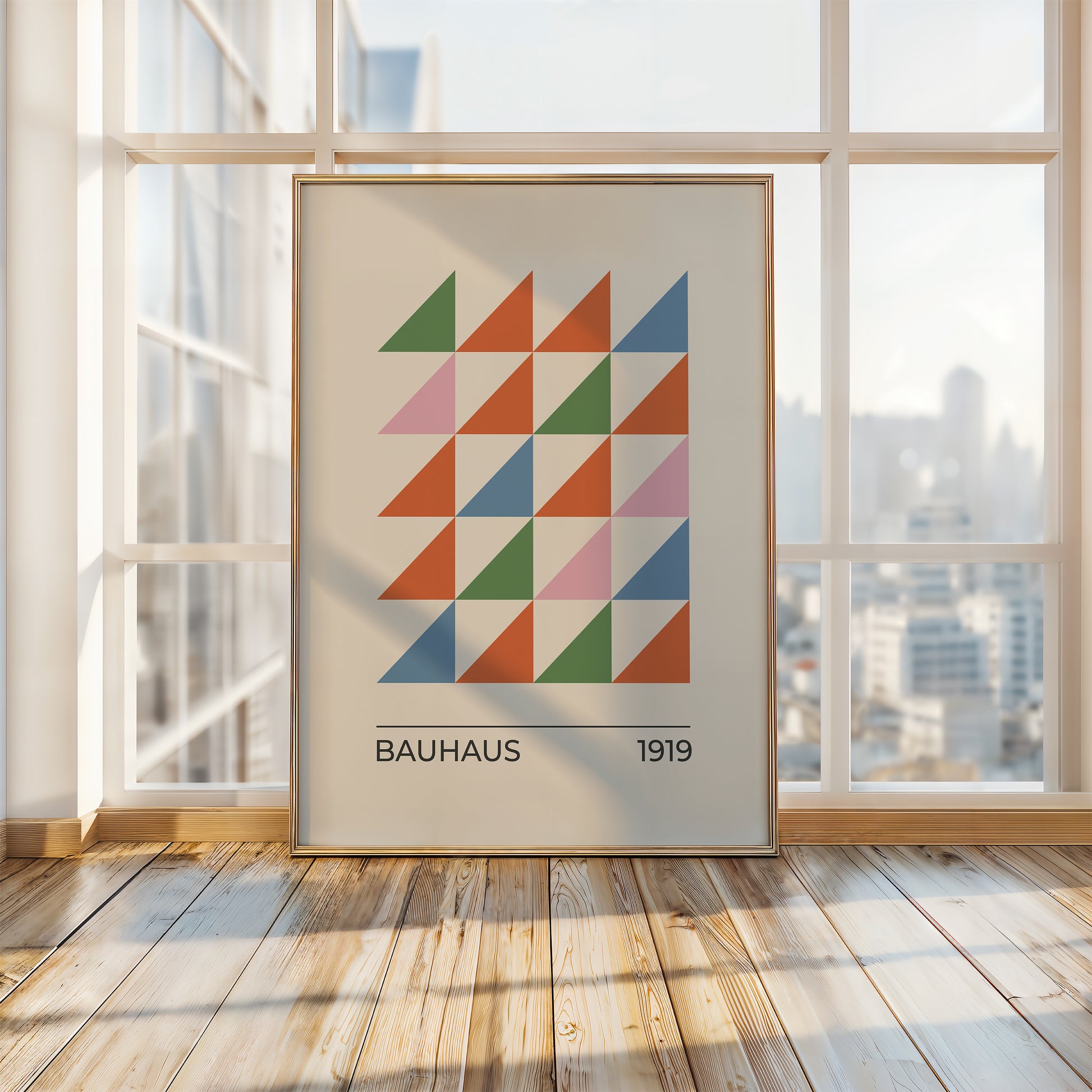 Triangle Theory Bauhaus wall art print featuring vivid geometric triangles in orange, green, blue, and blush.