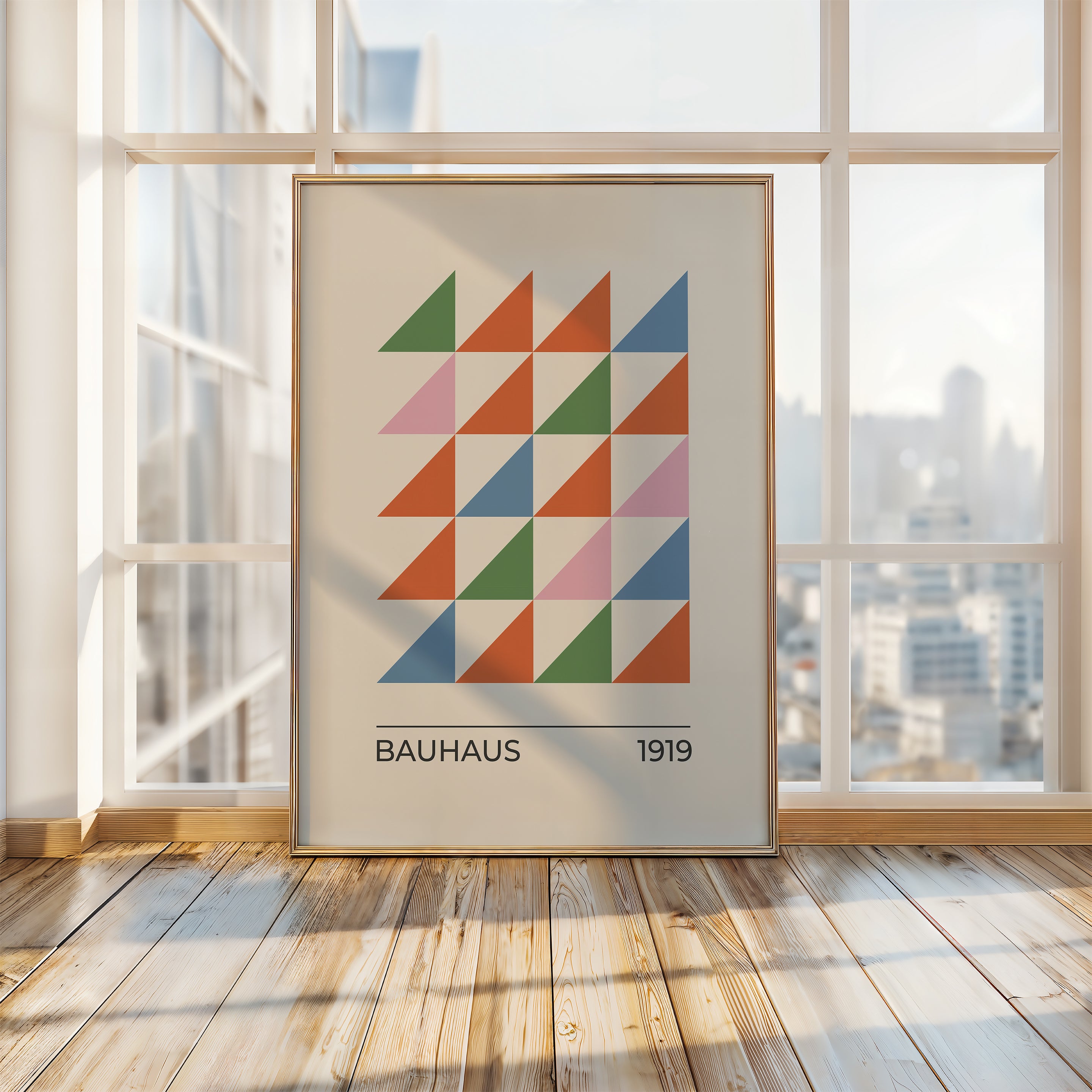 Triangle Theory Bauhaus wall art print featuring vivid geometric triangles in orange, green, blue, and blush.