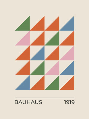 Abstract Bauhaus art print featuring colorful minimalist triangles in a grid pattern, celebrating modern design.