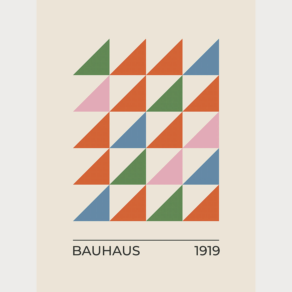 Bauhaus-inspired abstract wall art featuring geometric triangles in vibrant colors, celebrating the Bauhaus art movement.