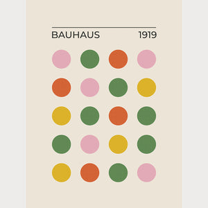 Bauhaus Color Dot Matrix art print featuring vibrant circles in blush pink, mustard yellow, forest green, and bold orange.