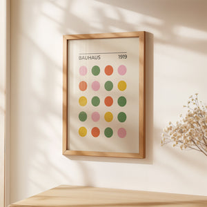 Bauhaus modern art print featuring colorful circles in a minimalist frame, perfect for contemporary wall decor.