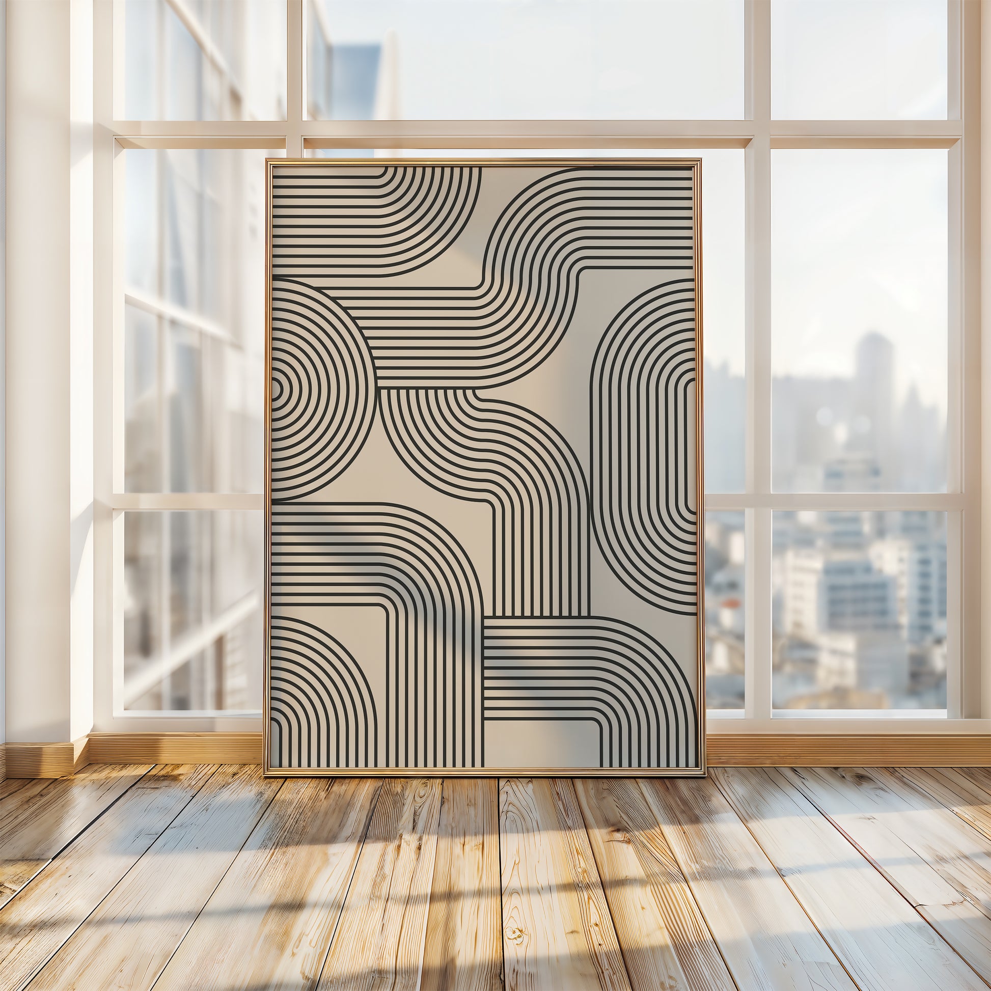 Curved Network Bauhaus wall art featuring black looping lines on neutral background in a modern interior.