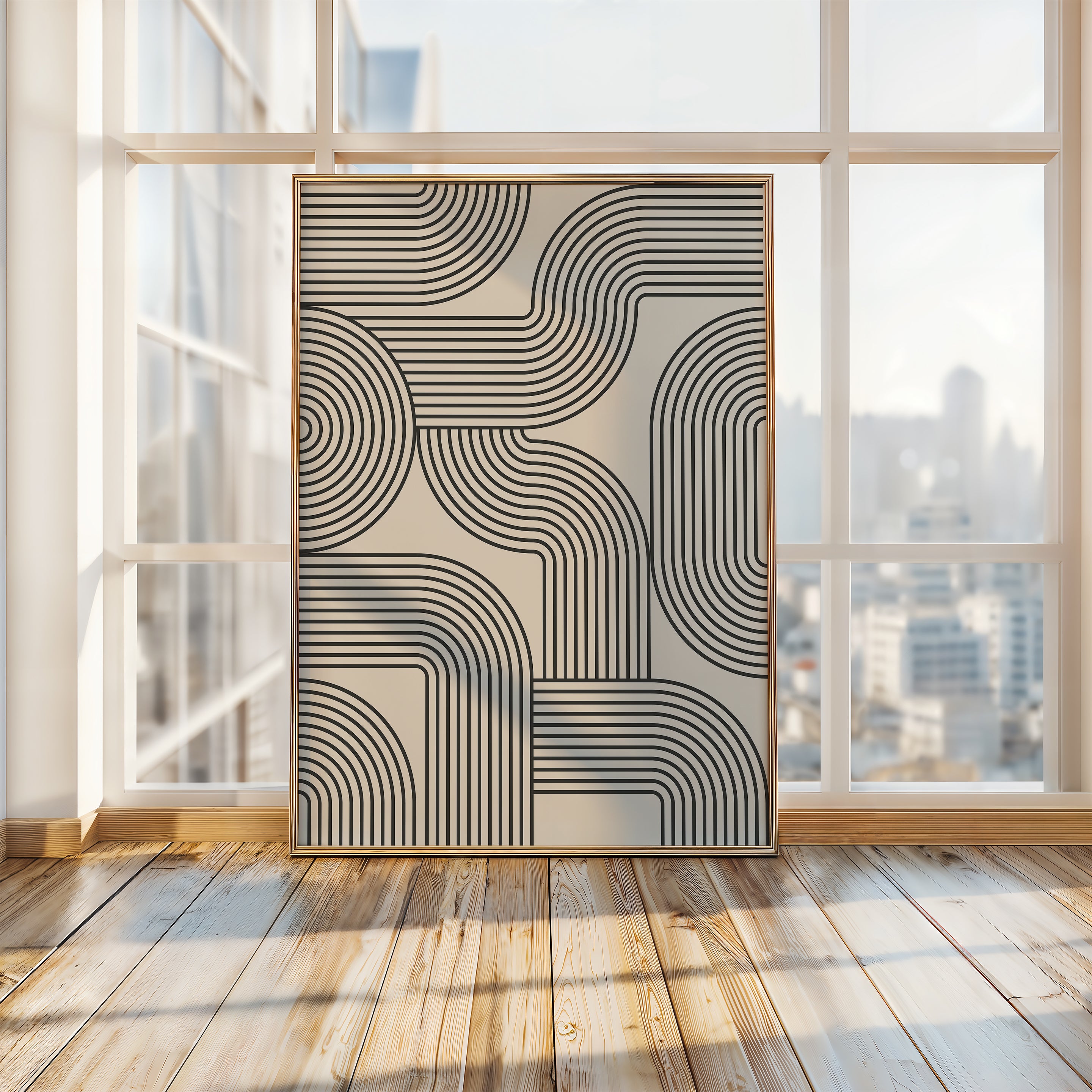 Curved Network Bauhaus wall art featuring black looping lines on neutral background in a modern interior.
