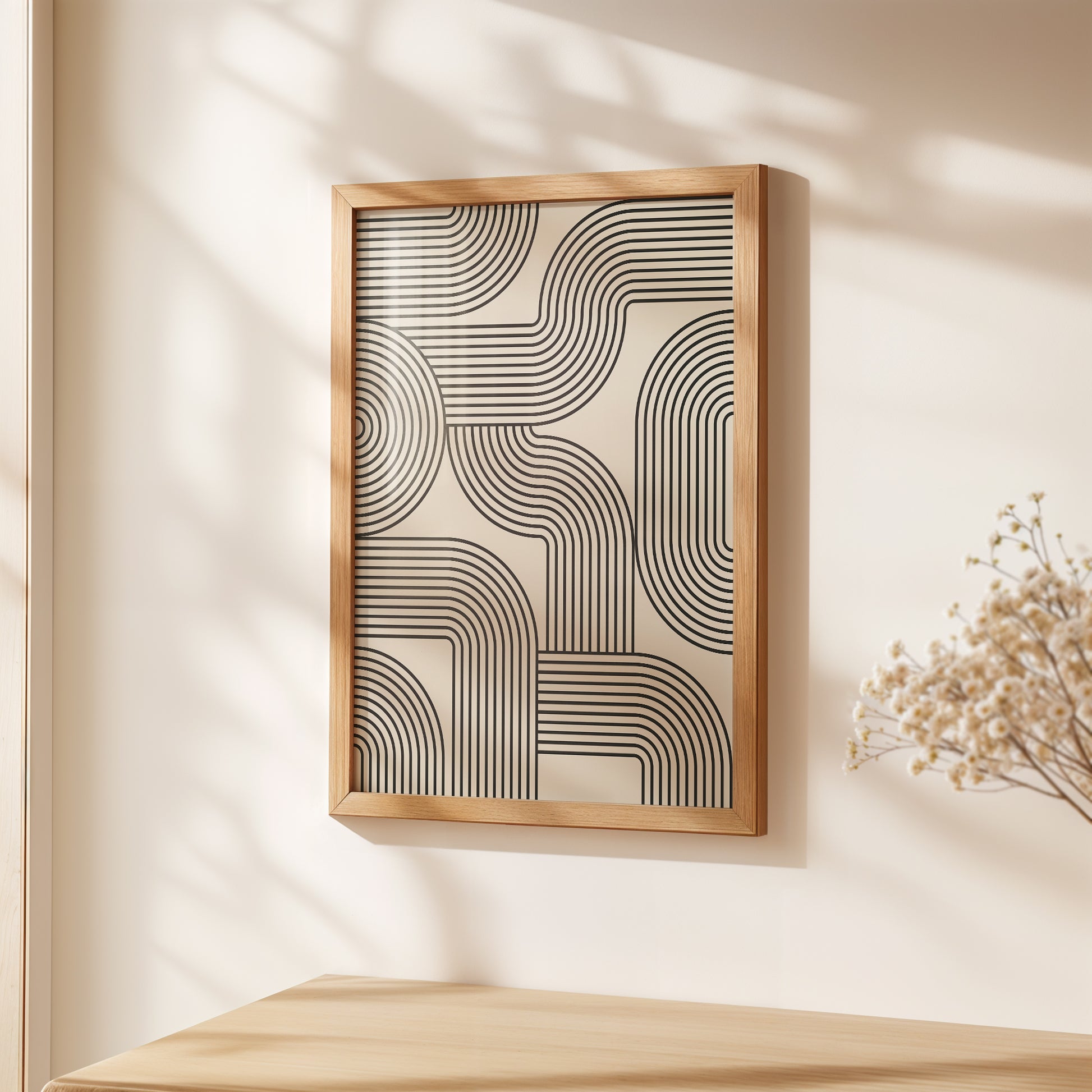 Curved Network wall art print featuring Bauhaus-inspired black monolines on a neutral background.