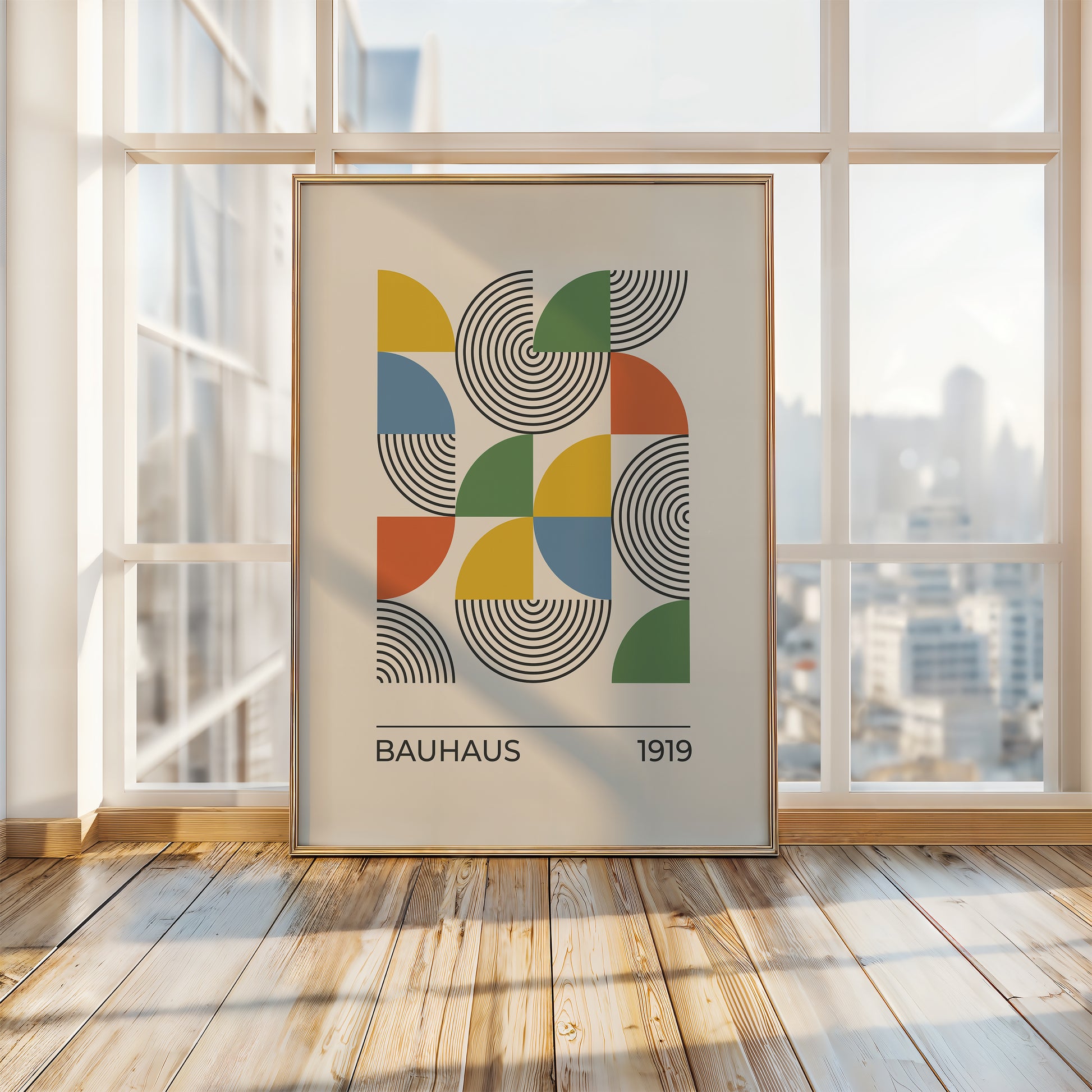 Bauhaus art print showcasing modern geometric design with vibrant colors in a stylish interior setting.