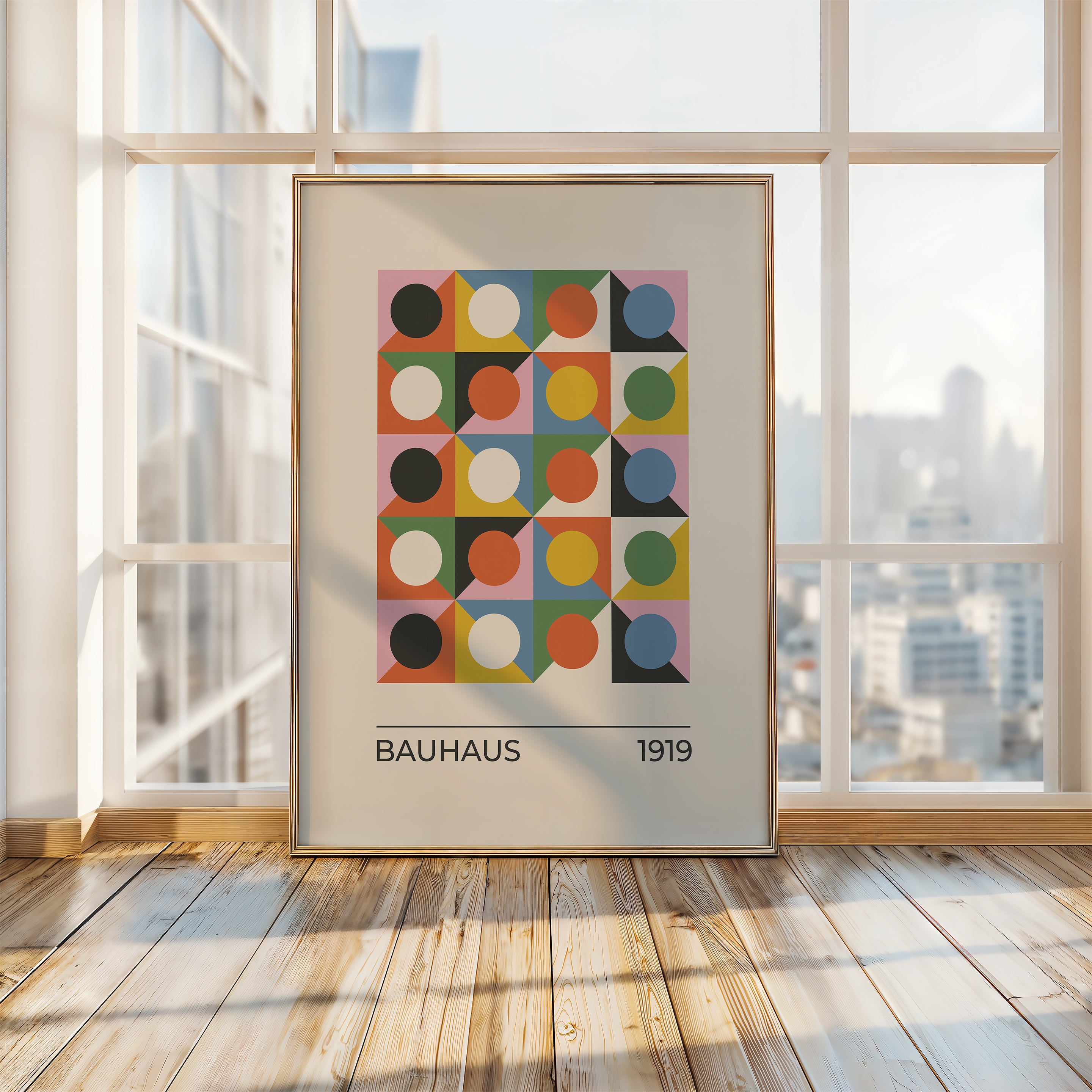 Bauhaus art print featuring bold circles and triangles in vibrant mid-century colors, perfect for modern interiors.