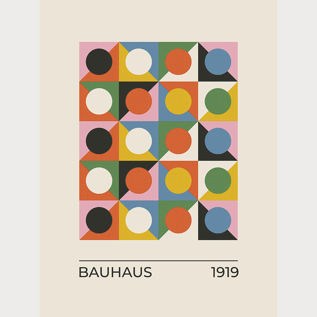 Bauhaus art print featuring bold shapes and colors, embodying the Bauhaus art movement's modern design principles.