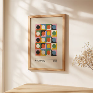 Bauhaus art print featuring vibrant geometric shapes and bold colors, perfect for modern and minimalist interiors.