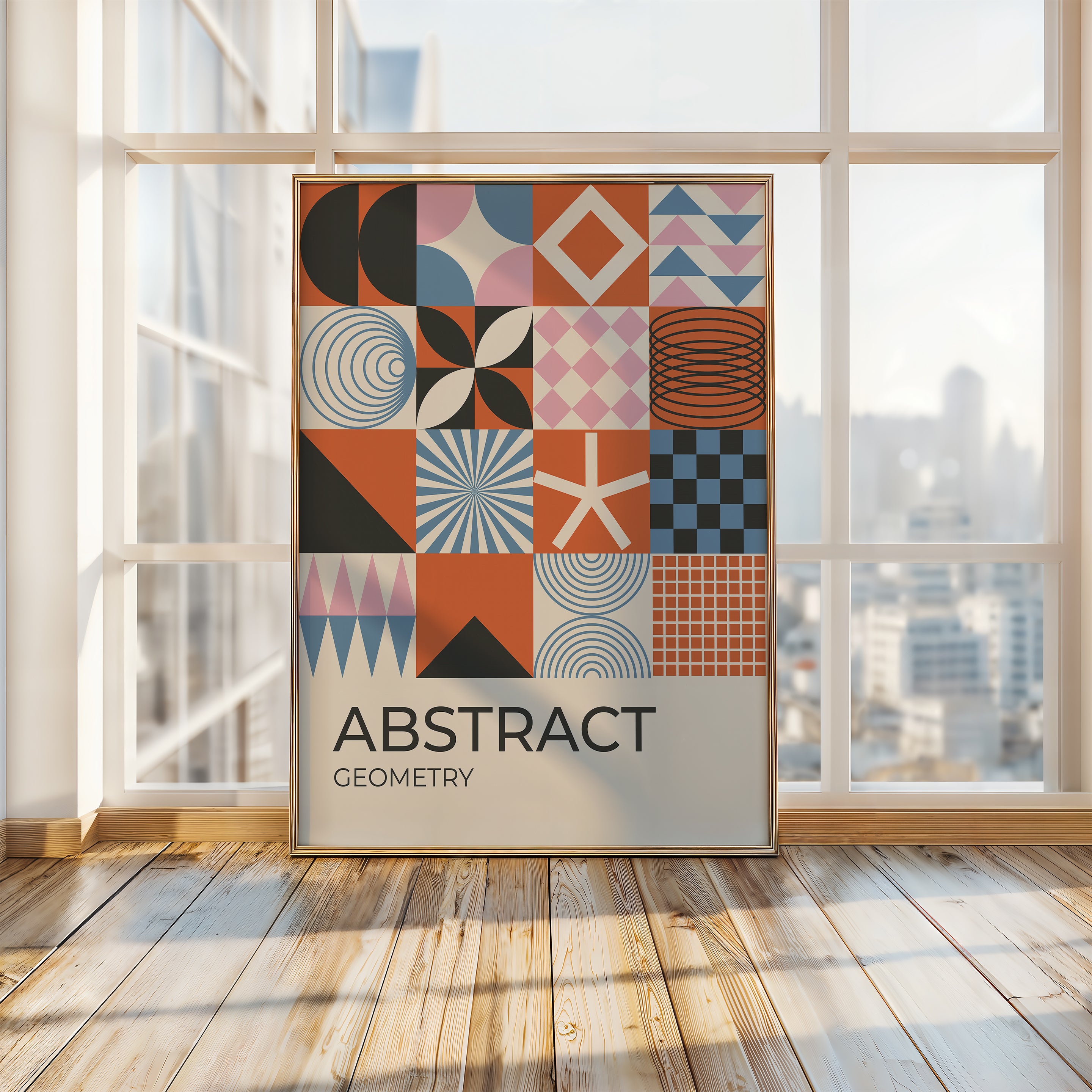 Bauhaus-inspired abstract geometry wall art print featuring colorful patterns and shapes.