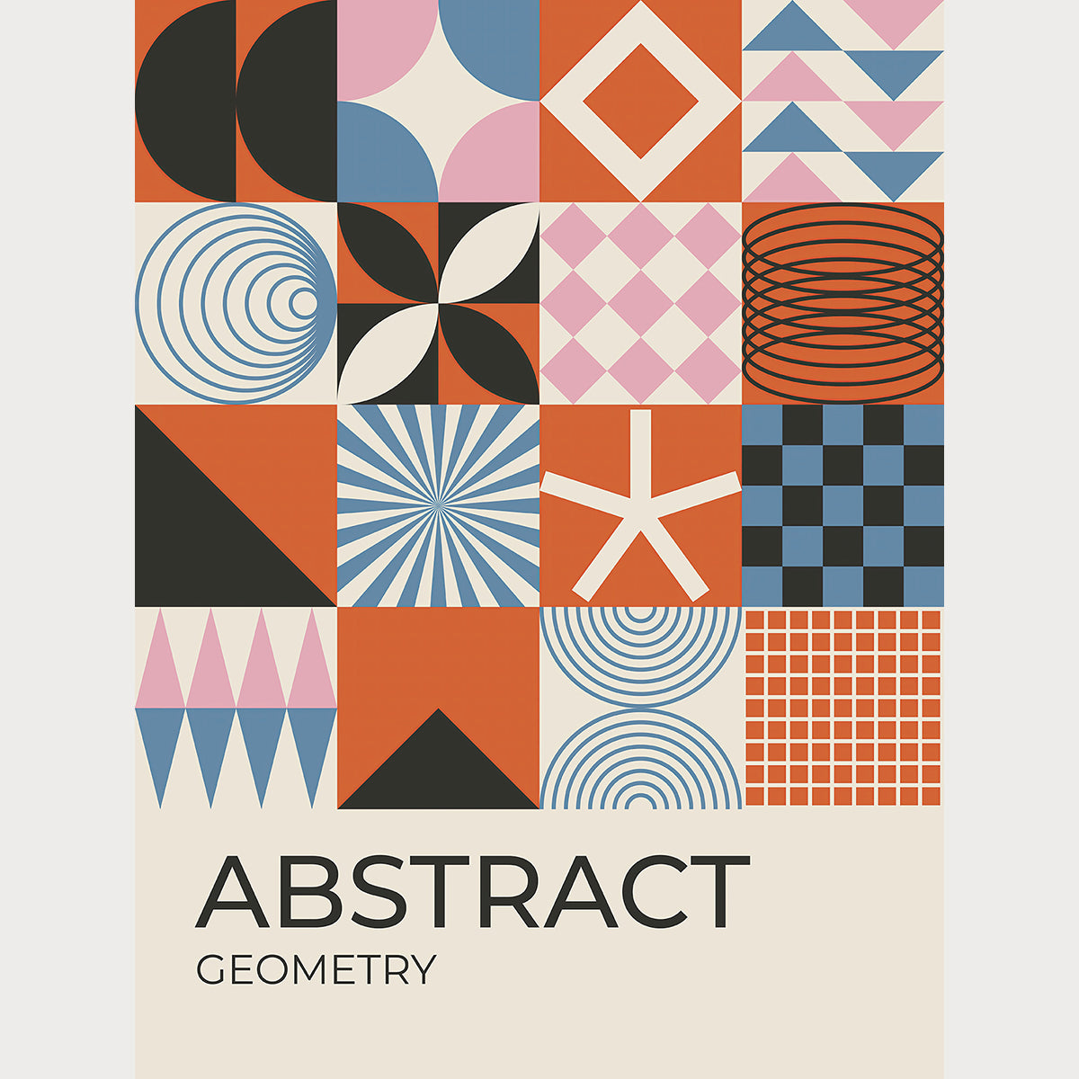 Bauhaus-inspired abstract geometry artwork featuring colorful shapes and patterns for modern wall decor.