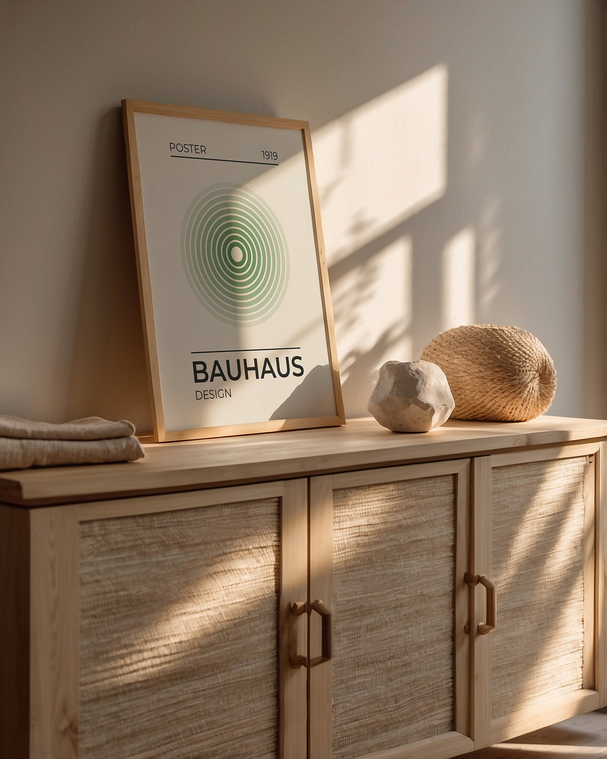 Minimalist wall art print titled 'Bauhaus', featuring green concentric circles in a modern interior setting.