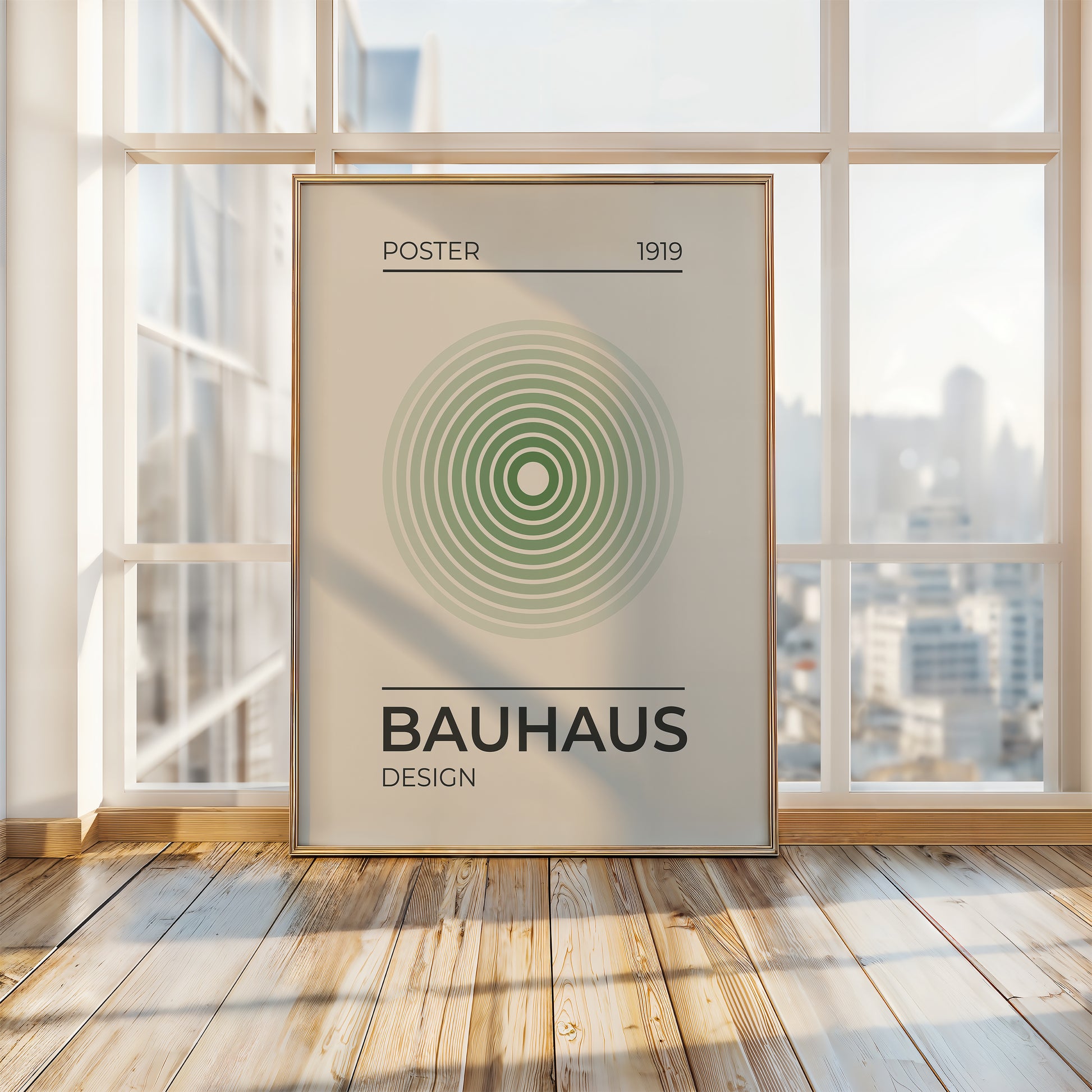 Bauhaus wall art print featuring concentric green circles, celebrating Bauhaus design and modern art in a contemporary setting.