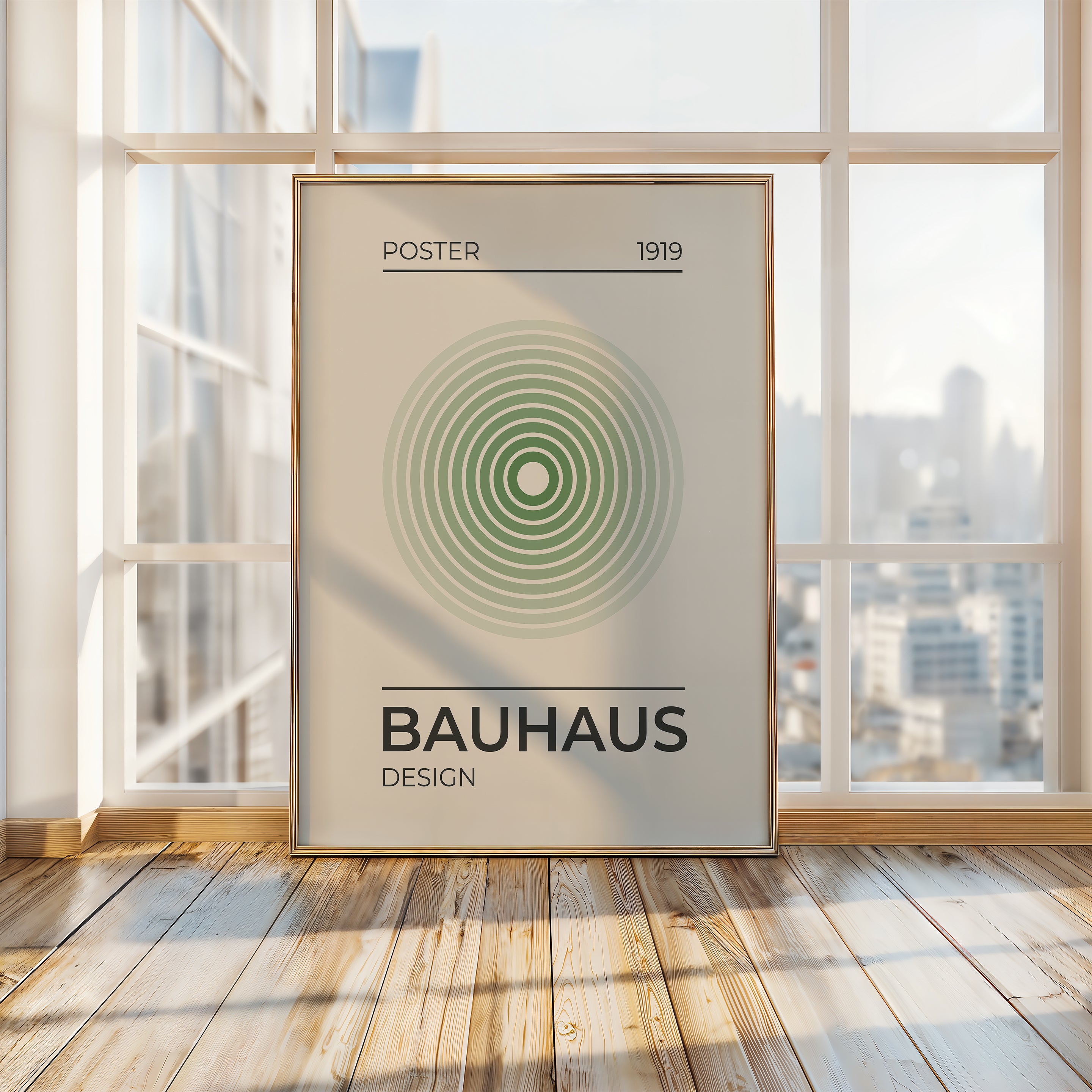 Bauhaus wall art print featuring concentric green circles, celebrating Bauhaus design and modern art in a contemporary setting.