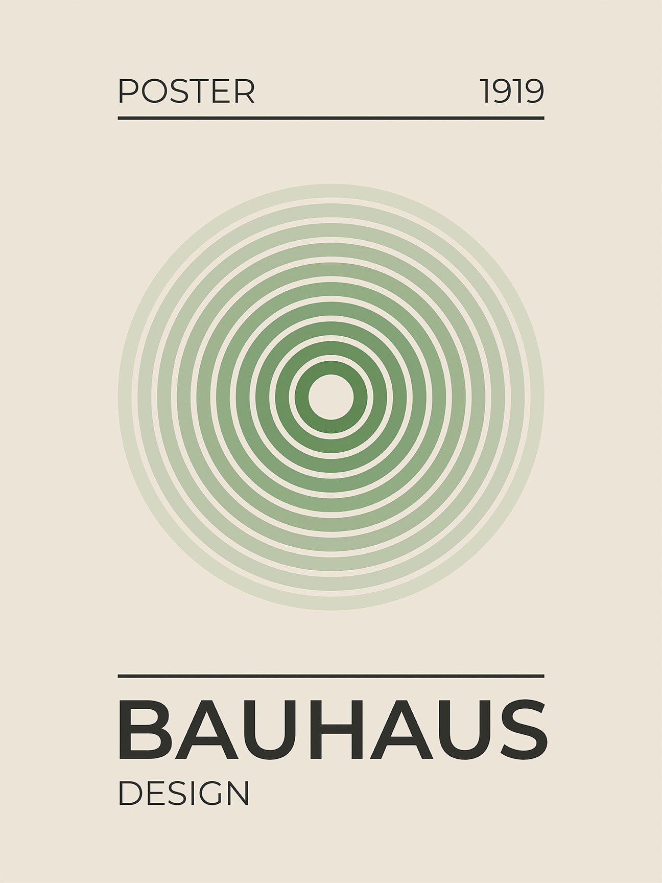 1919 Bauhaus Origins poster featuring concentric green circles, embodying modern design and geometric abstraction.