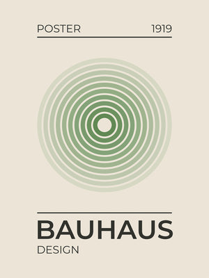 1919 Bauhaus Origins poster featuring concentric green circles, embodying modern design and geometric abstraction.