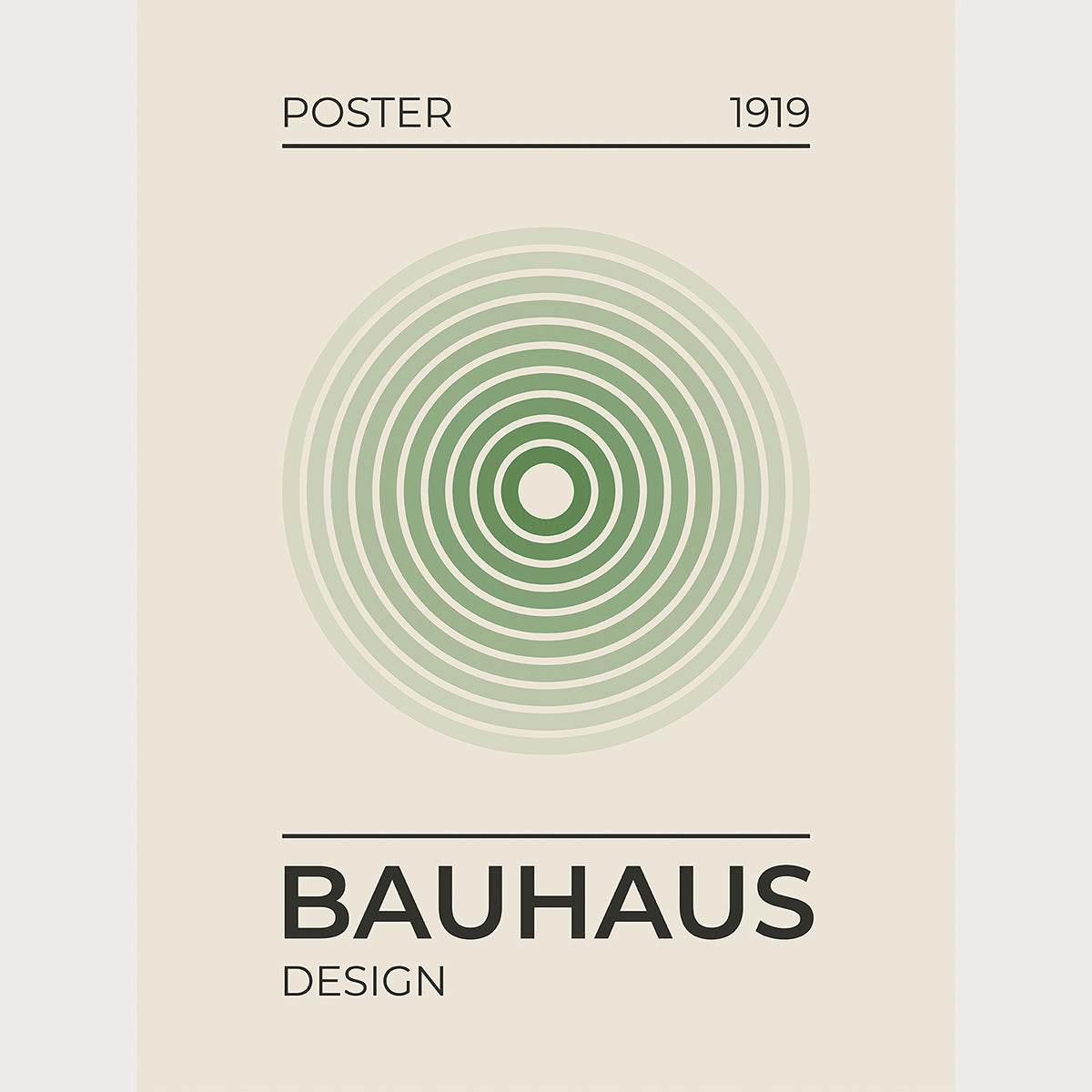 1919 Bauhaus Origins poster featuring concentric green circles, embodying Bauhaus design and modern art.