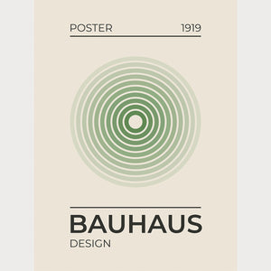 1919 Bauhaus Origins poster featuring concentric green circles, embodying Bauhaus design and modern art.