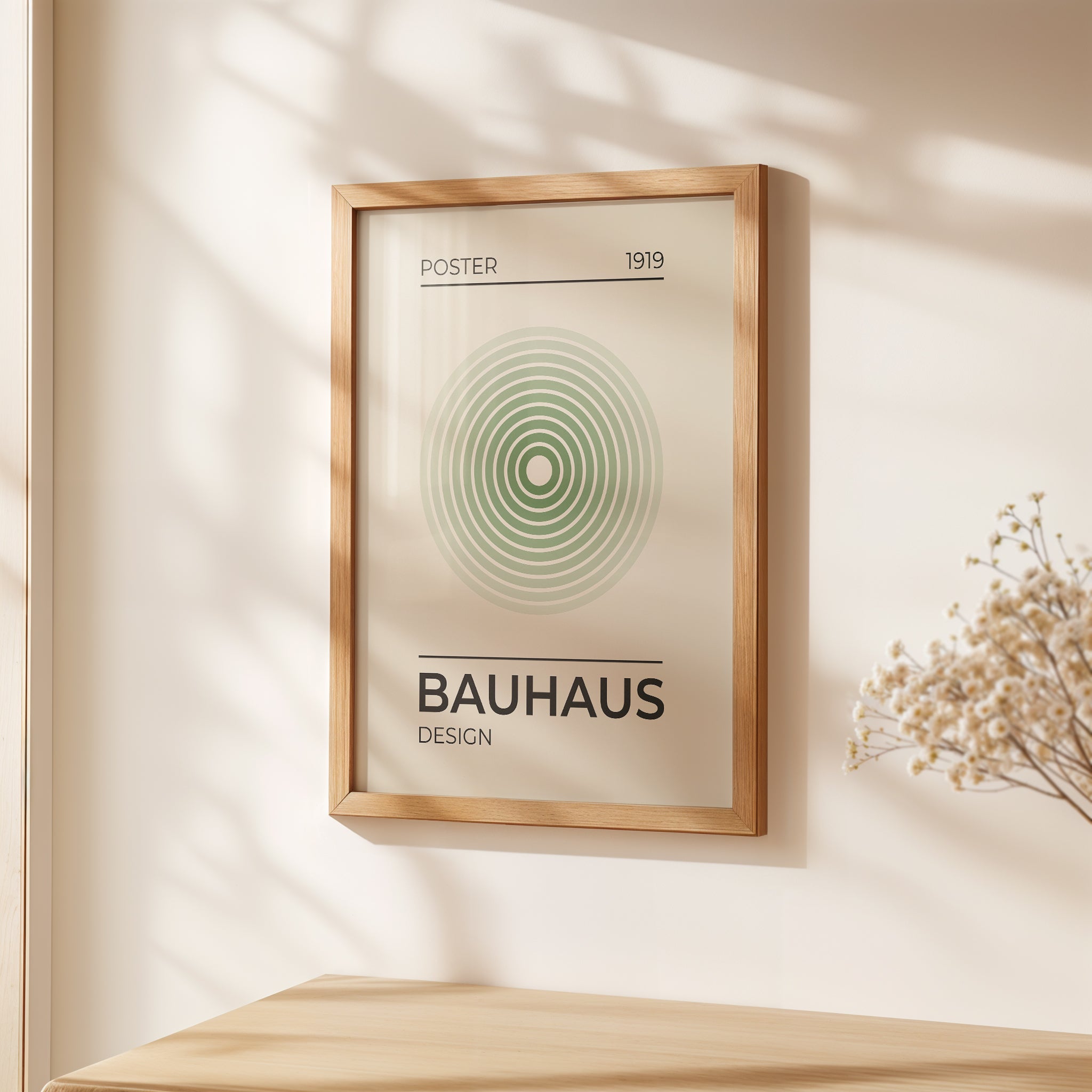 Minimalist wall art print featuring concentric green circles, celebrating Bauhaus design in a modern interior.