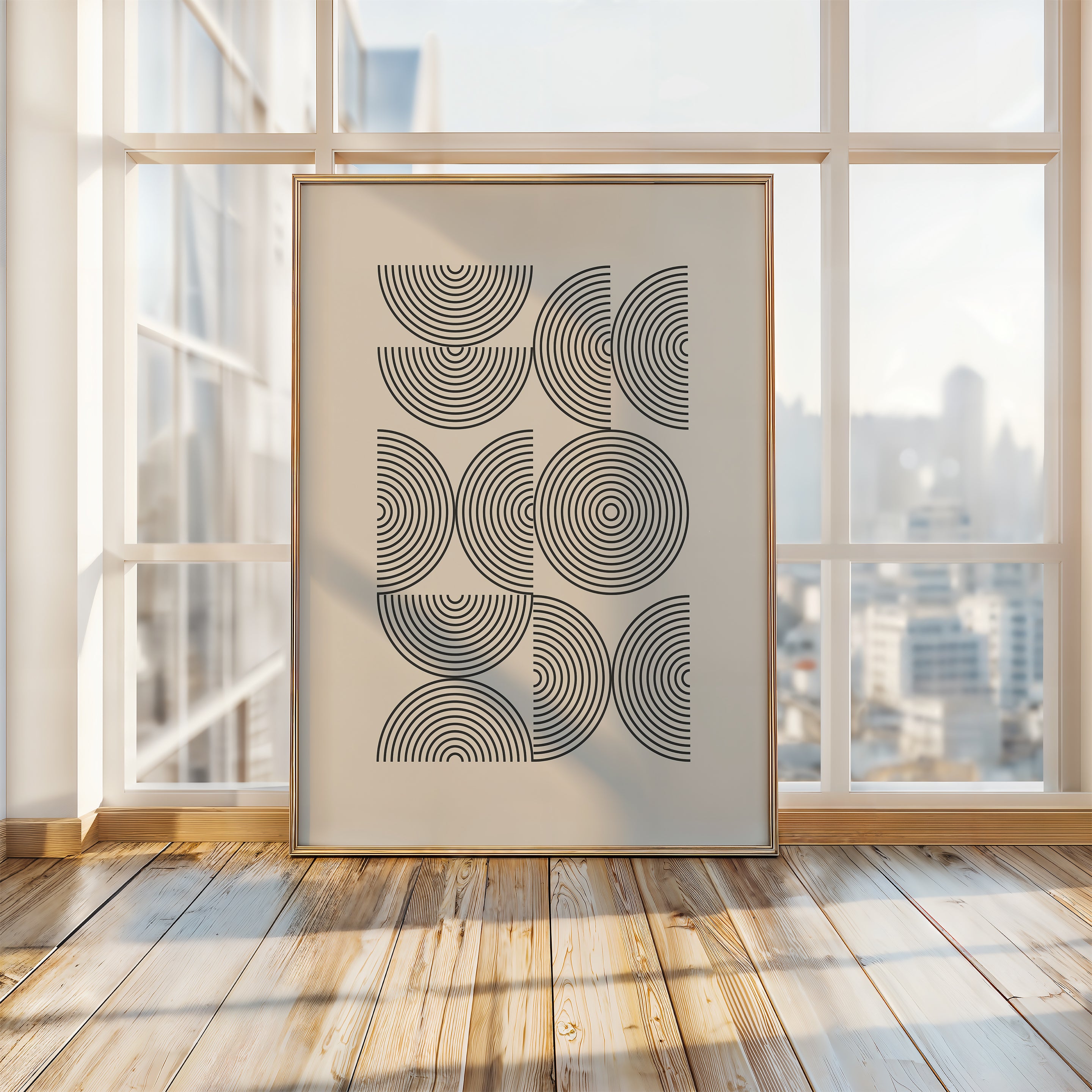 Bauhaus-inspired art print featuring geometric concentric circles in a modern interior setting.
