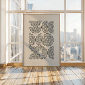 Bauhaus-inspired art print featuring geometric concentric circles in a modern interior setting.