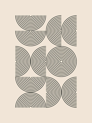 Bauhaus-inspired geometric art print featuring concentric arcs and circles in a modern minimalist design.