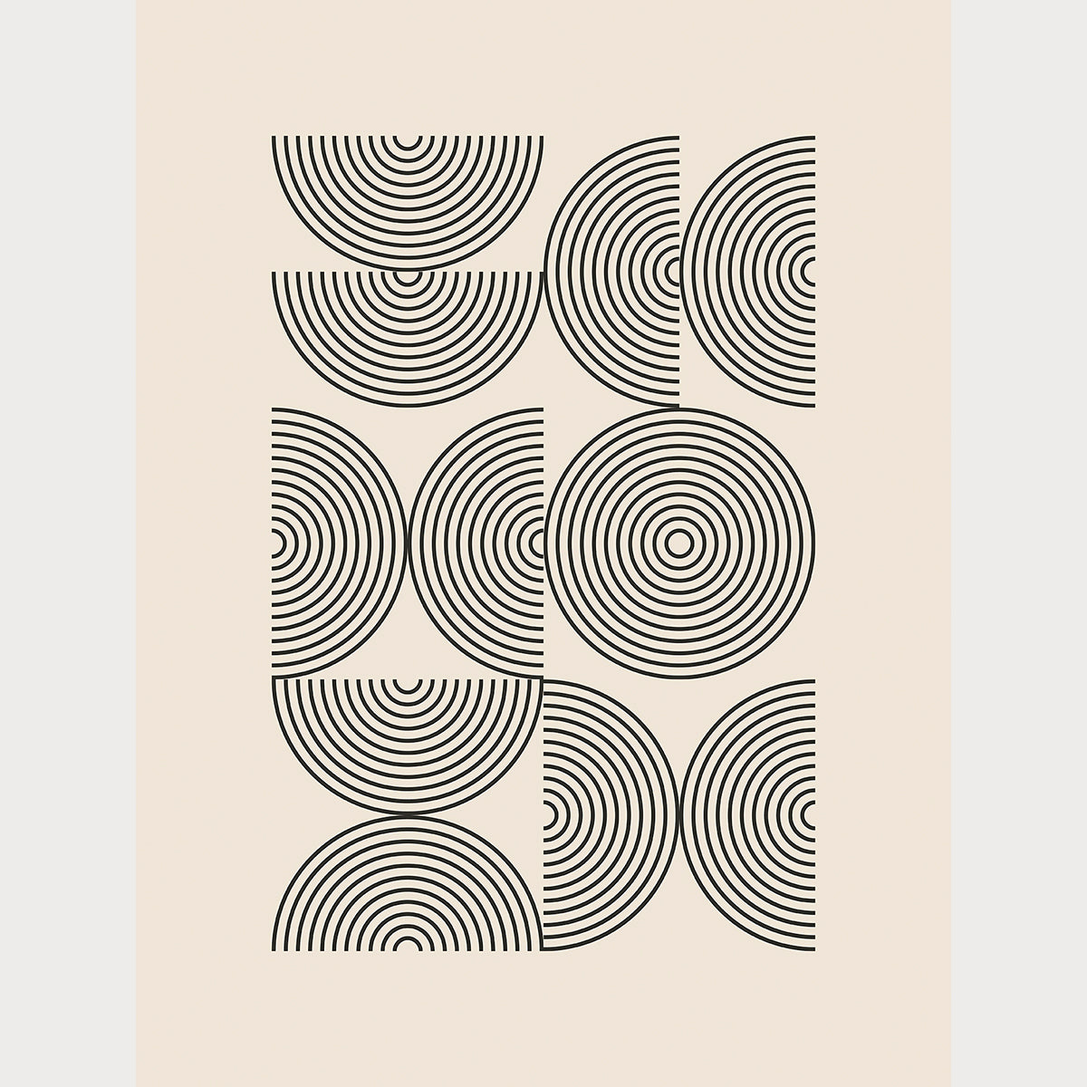 Bauhaus-inspired art print featuring bold concentric arcs and circles against a neutral background.