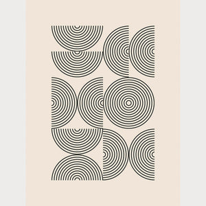 Bauhaus-inspired art print featuring bold concentric arcs and circles against a neutral background.