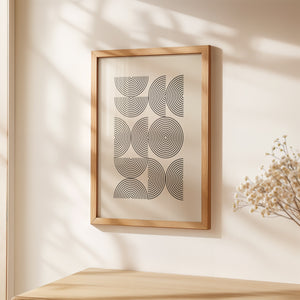 Bauhaus-inspired art print with concentric circles in a modern wooden frame, showcasing minimalist design.