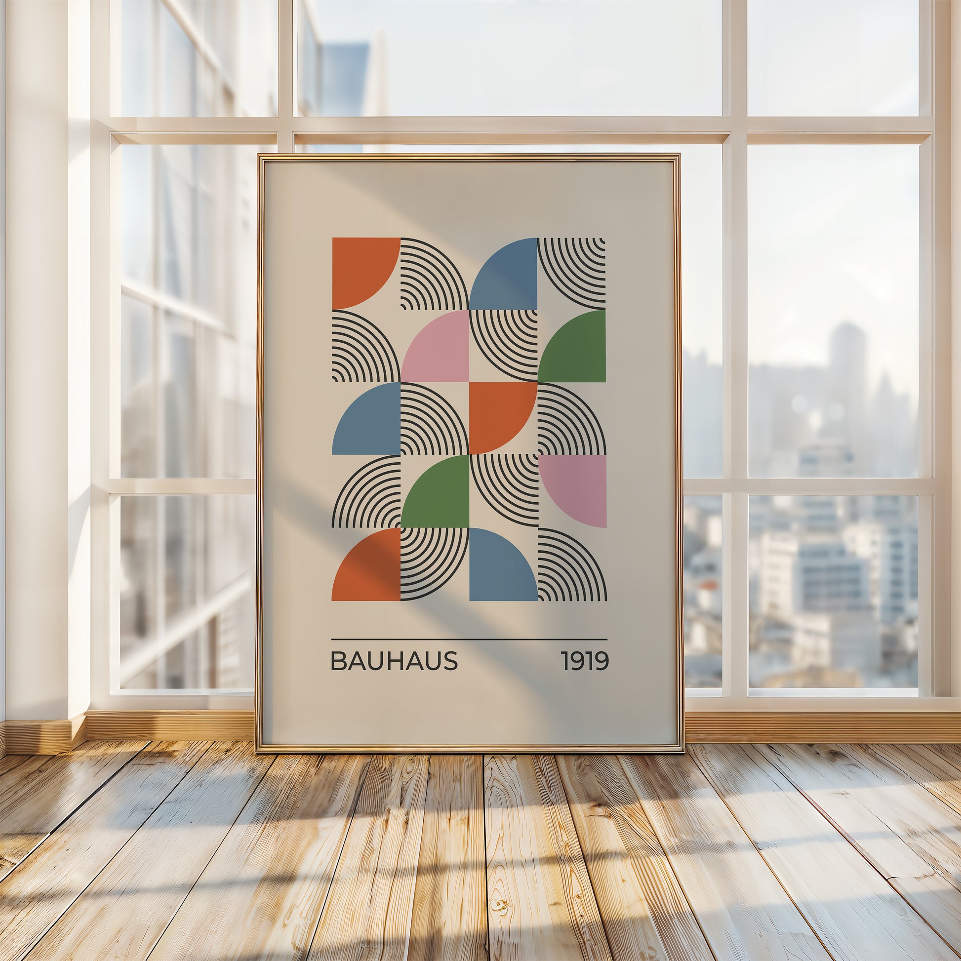Bauhaus 1919 art print with colorful geometric patterns and hypnotic linework in modern interior setting.