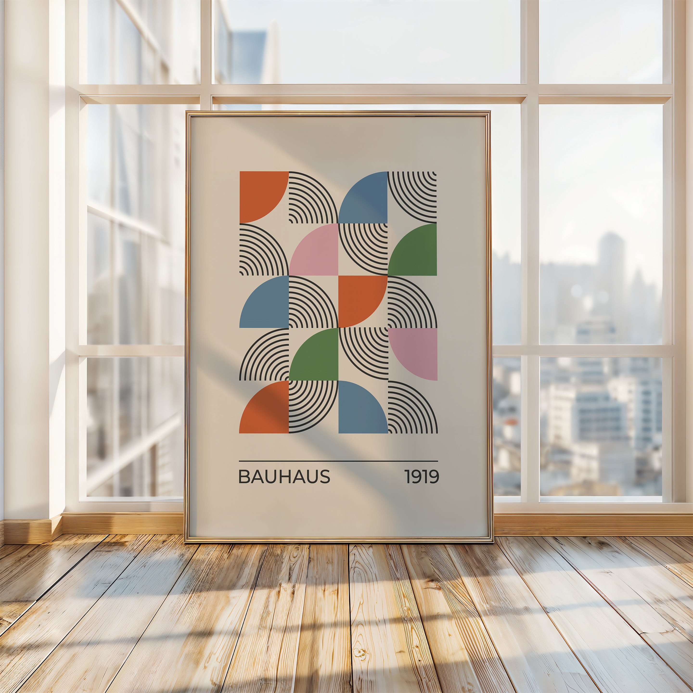 Bauhaus 1919 art print with colorful geometric patterns and hypnotic linework in modern interior setting.