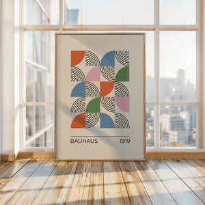 Bauhaus 1919 art print with colorful geometric patterns and hypnotic linework in modern interior setting.