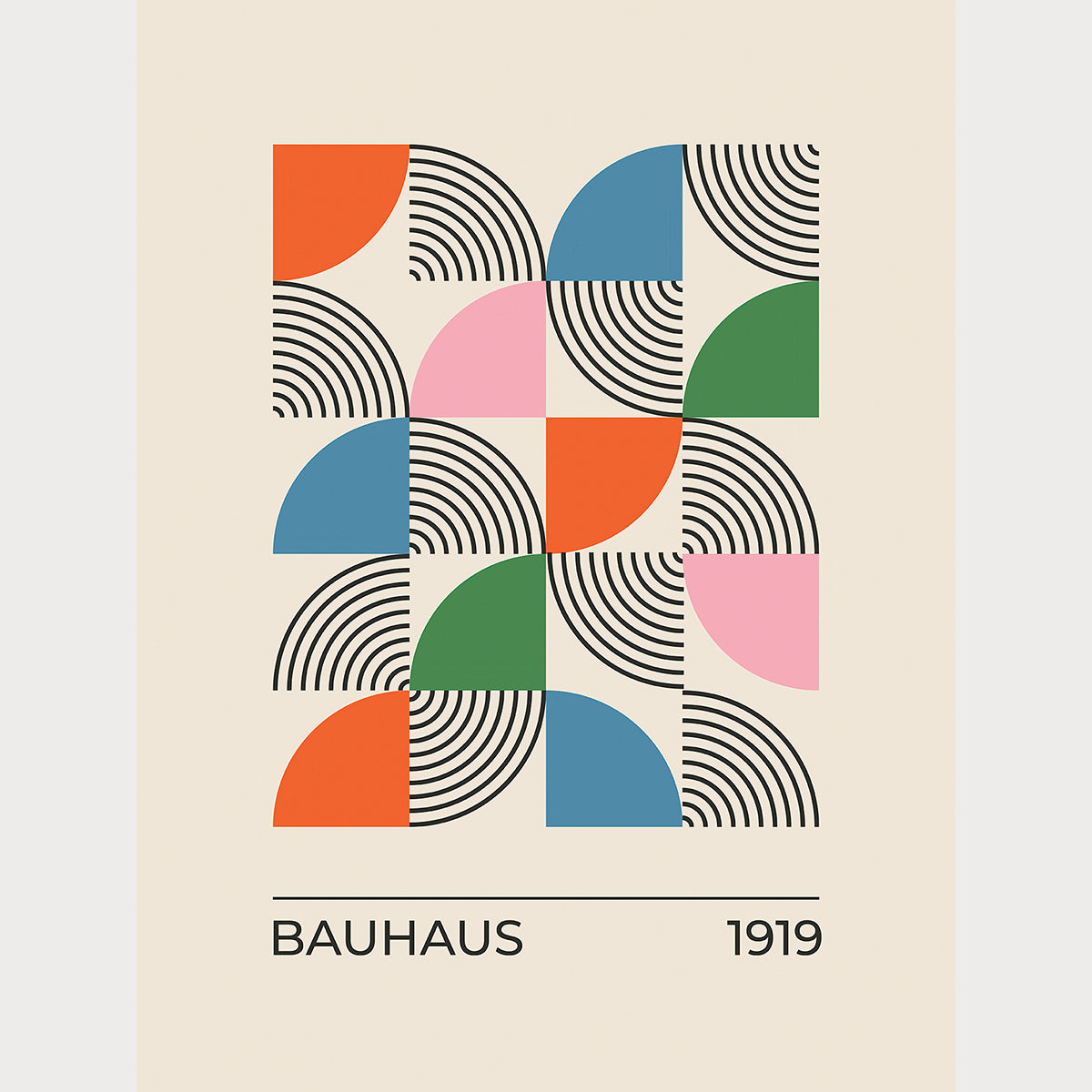 Bauhaus-inspired art print featuring colorful semicircles and lines with a modern geometric design, 1919.