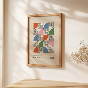 Modernist Mosaic art print in Bauhaus style featuring vibrant colors and geometric shapes.