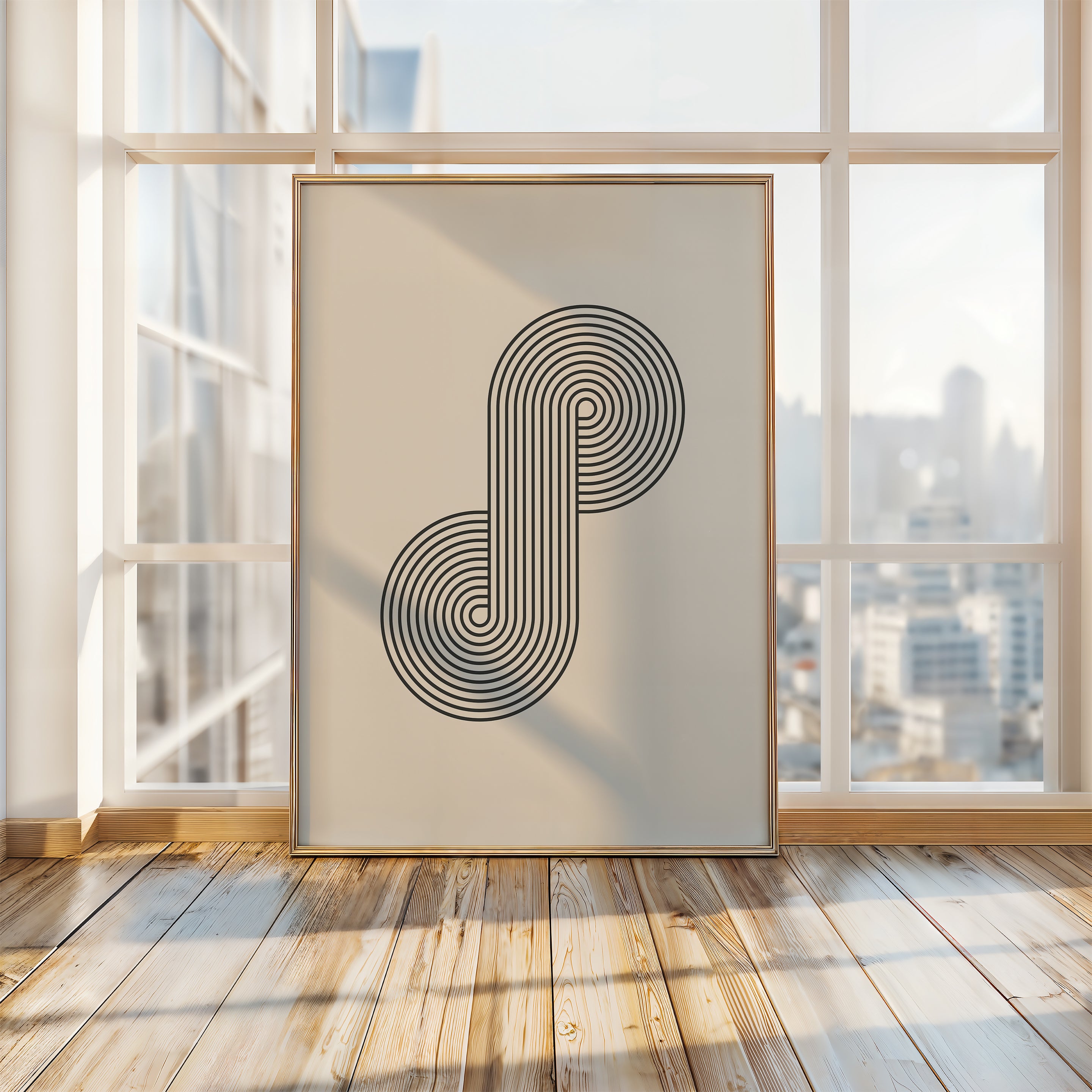 Bauhaus-inspired wall art print 'Infinity Loop' with concentric black lines in a modern interior setting.