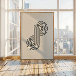 Bauhaus-inspired wall art print 'Infinity Loop' with concentric black lines in a modern interior setting.