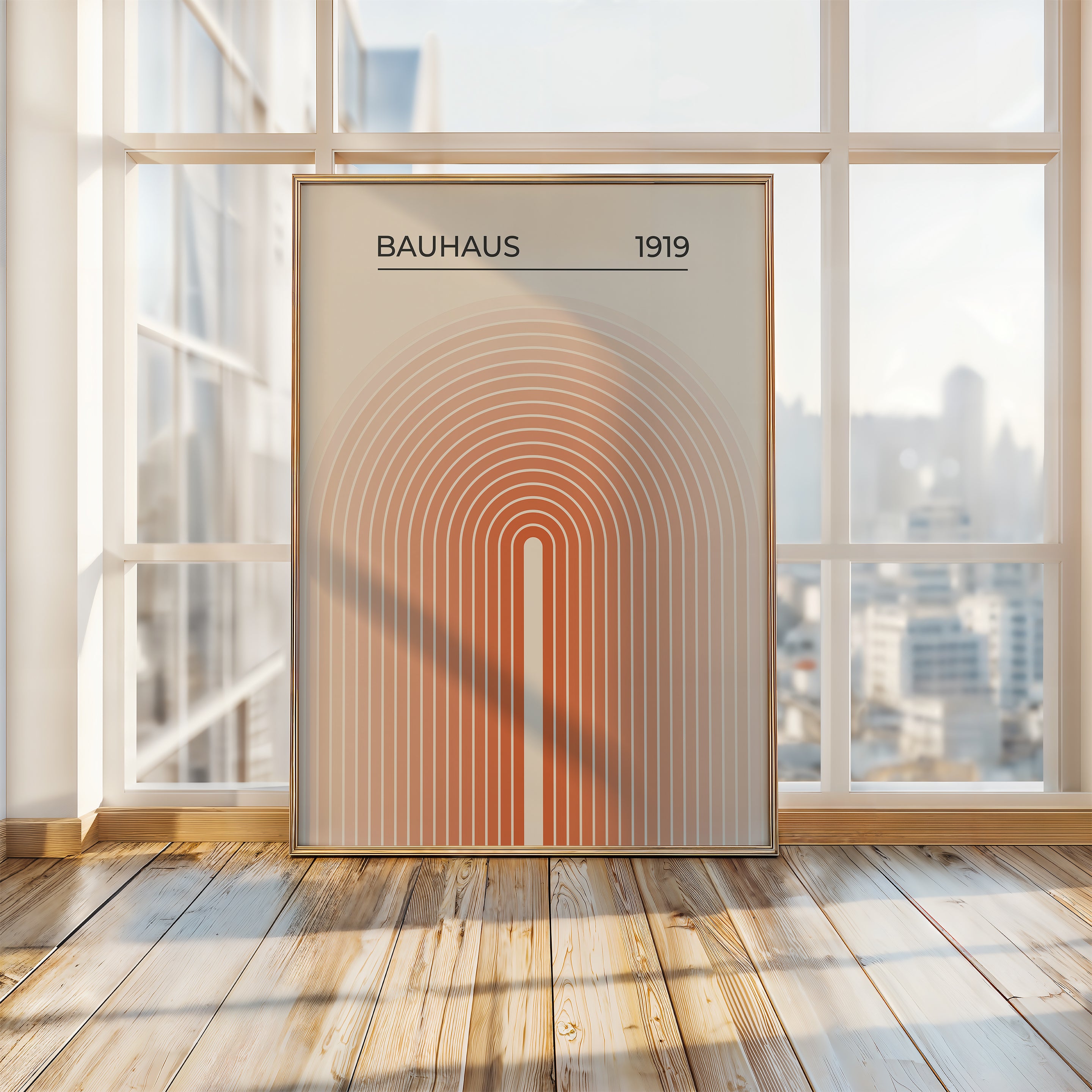 Bauhaus wall art print featuring concentric arches in warm orange gradient, symbolizing modern architecture and abstract design.