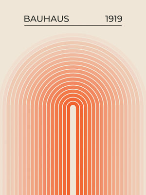 Bauhaus wall art print featuring concentric arches in orange gradient, inspired by Bauhaus art and architecture.