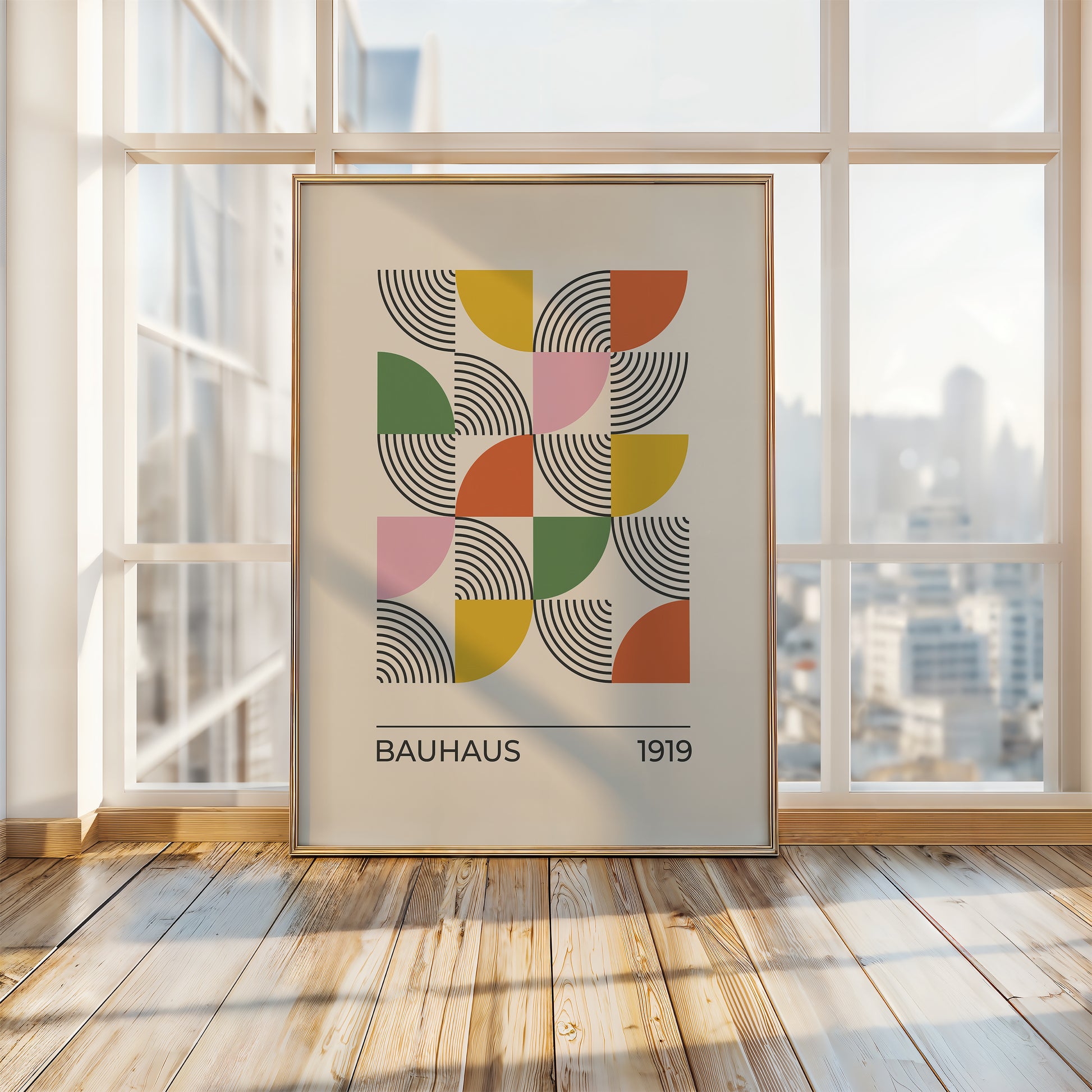 Bauhaus-inspired wall art print featuring colorful geometric shapes and dynamic lines, showcasing modern art design.