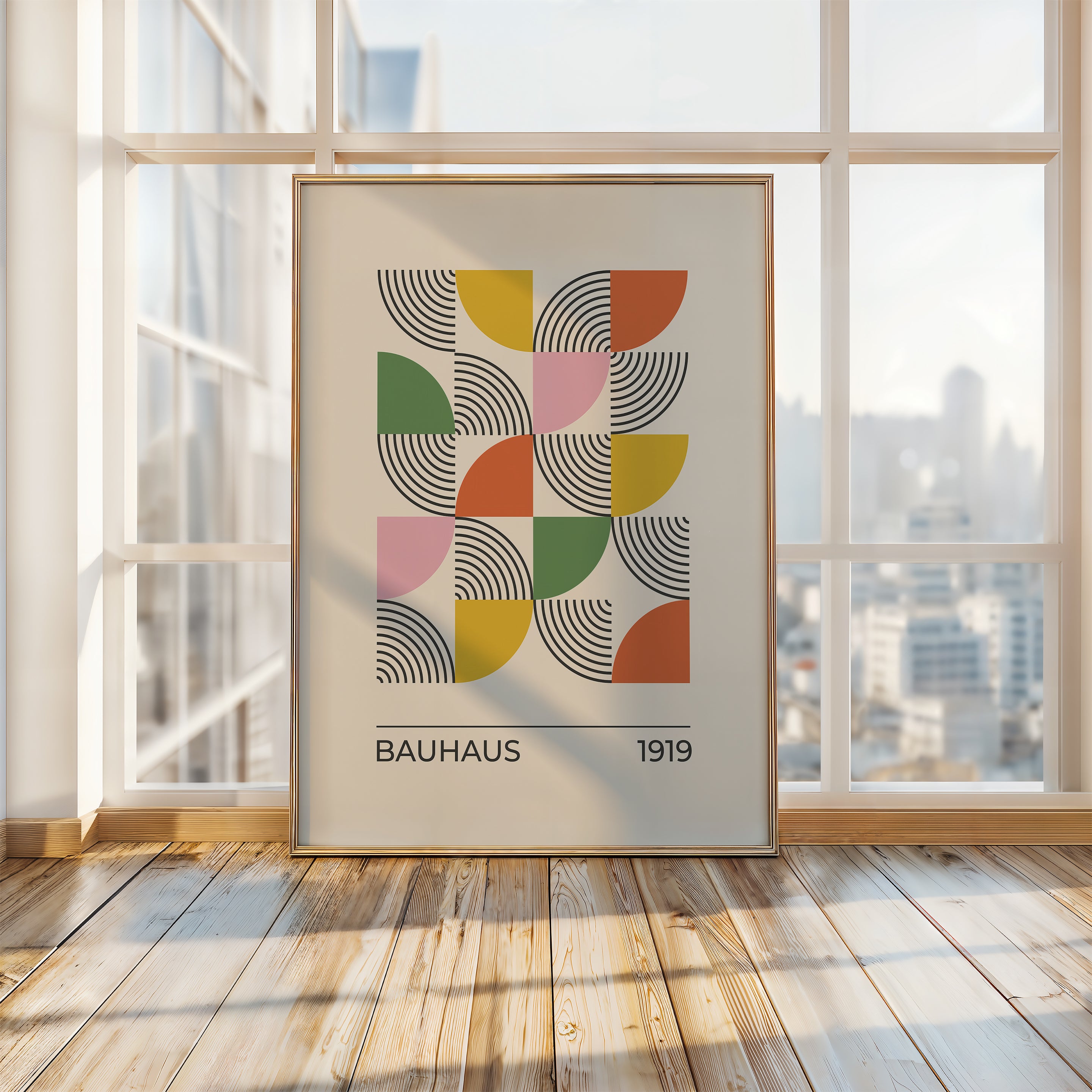 Bauhaus-inspired wall art print featuring colorful geometric shapes and dynamic lines, showcasing modern art design.