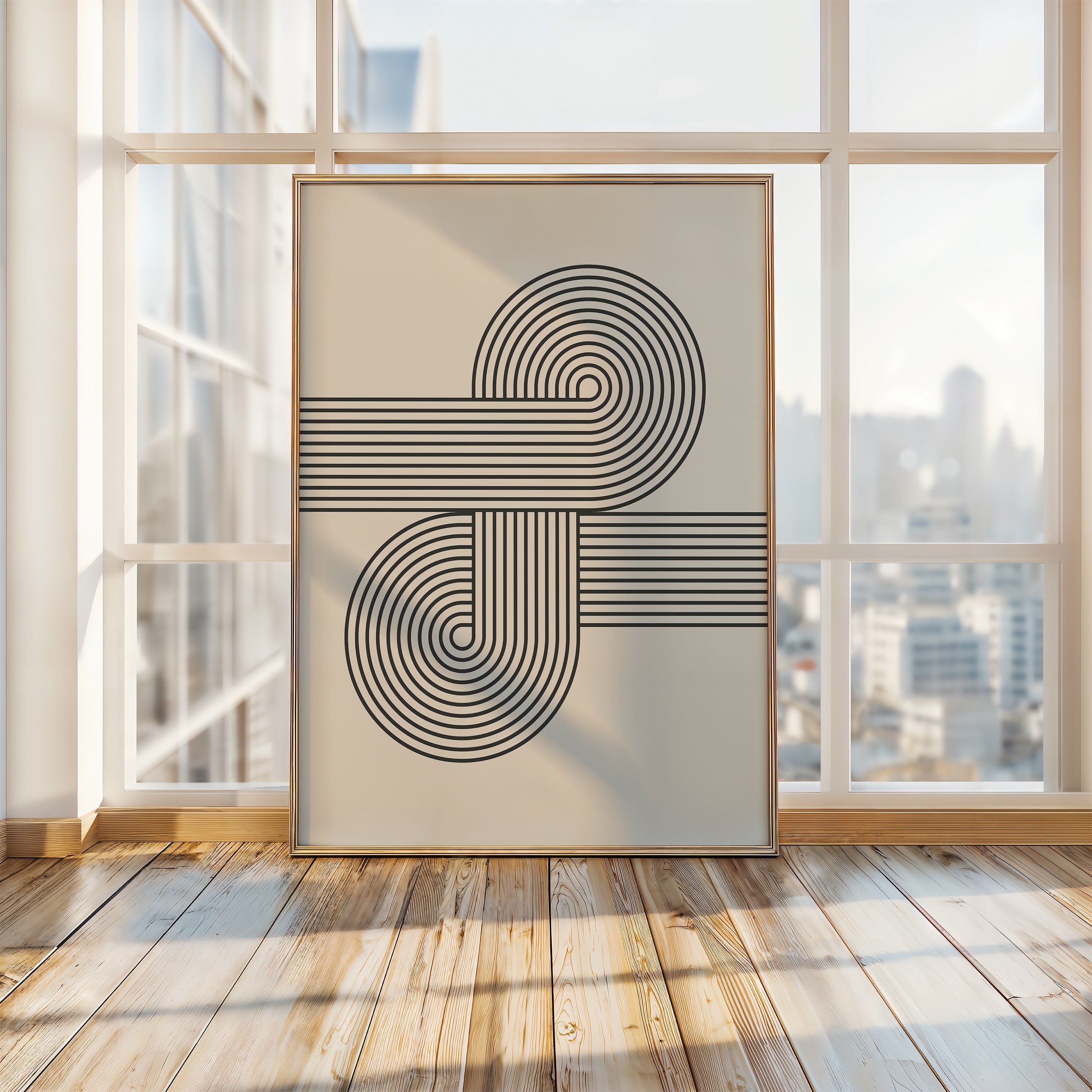 Abstract black-and-ivory wall art print inspired by Bauhaus design, featuring curved lines and modern geometric patterns.