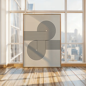 Abstract black-and-ivory wall art print inspired by Bauhaus design, featuring curved lines and modern geometric patterns.