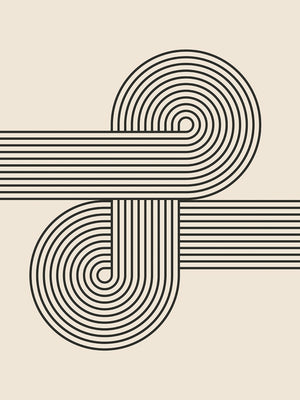 Bauhaus-inspired black-and-ivory abstract art print featuring geometric curved lines and circular forms.