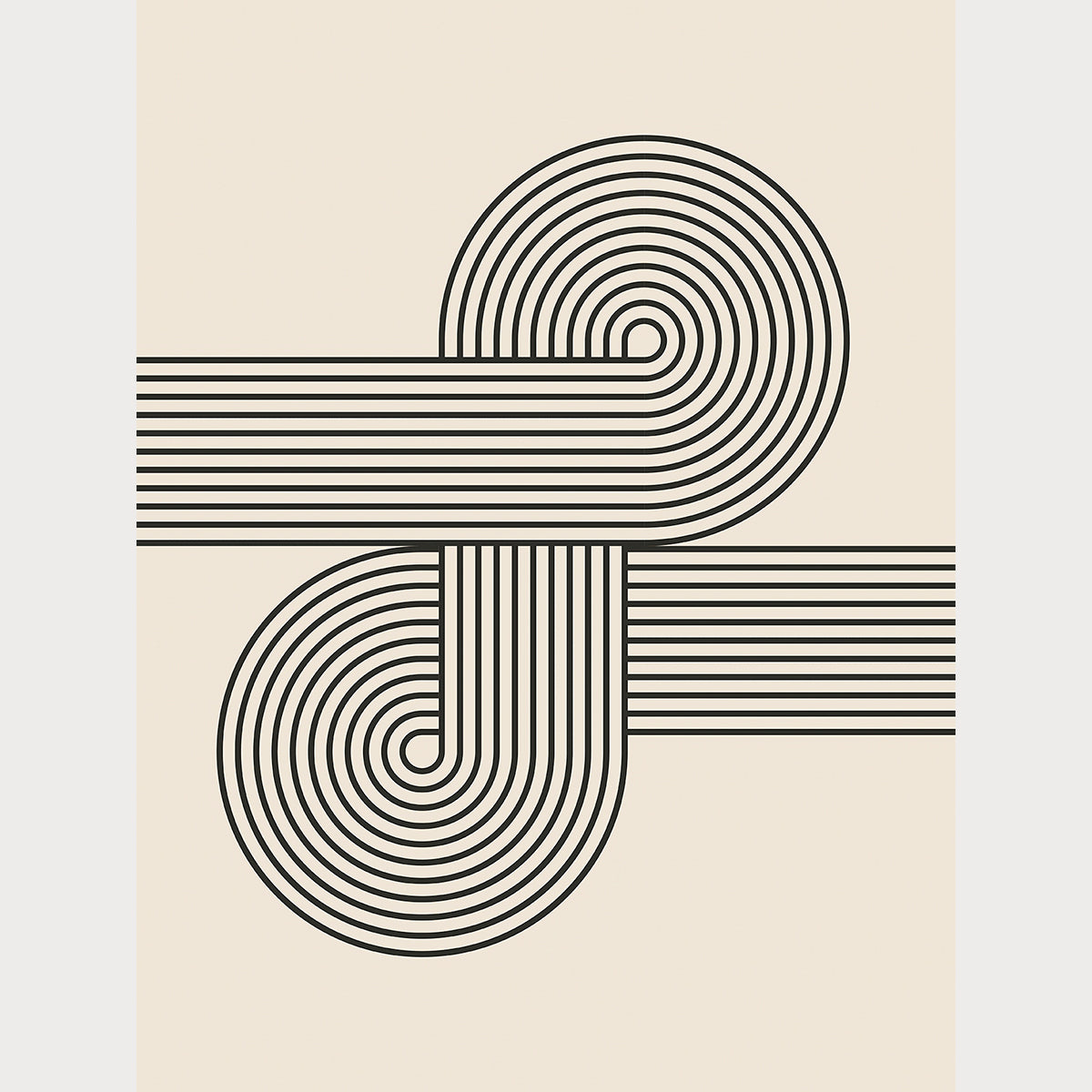 Abstract wall art inspired by Bauhaus design, featuring black curved lines and geometric circles on a light background.