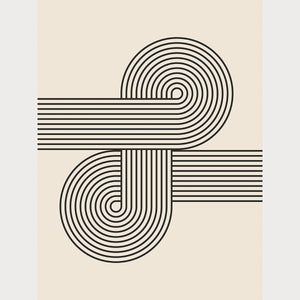 Abstract wall art inspired by Bauhaus design, featuring black curved lines and geometric circles on a light background.
