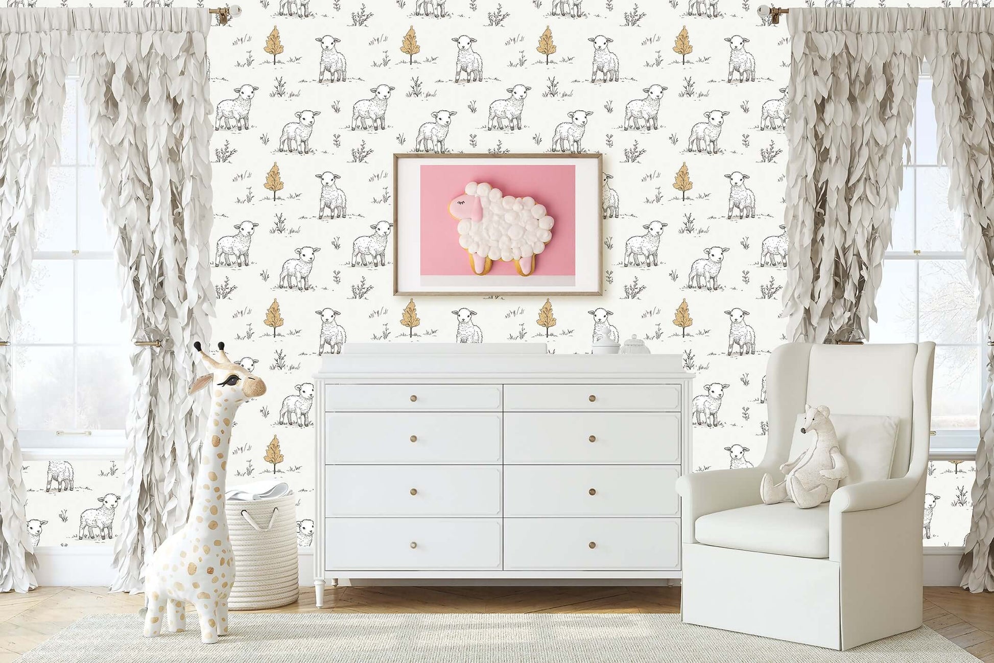 Nursery with Little Lamb Pastures wallpaper featuring hand-drawn lambs, modern design for children’s room, playroom, or baby nursery.