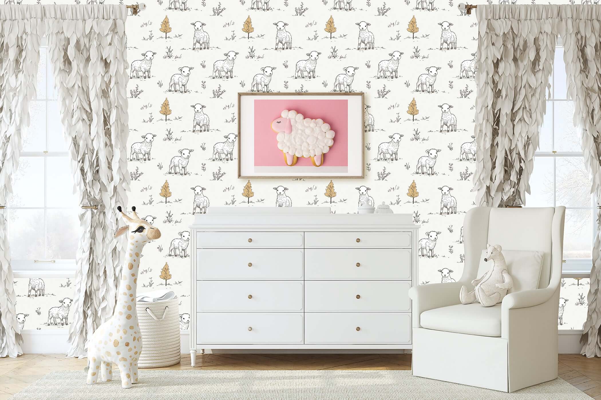 Nursery with Little Lamb Pastures wallpaper featuring hand-drawn lambs, modern design for children’s room, playroom, or baby nursery.