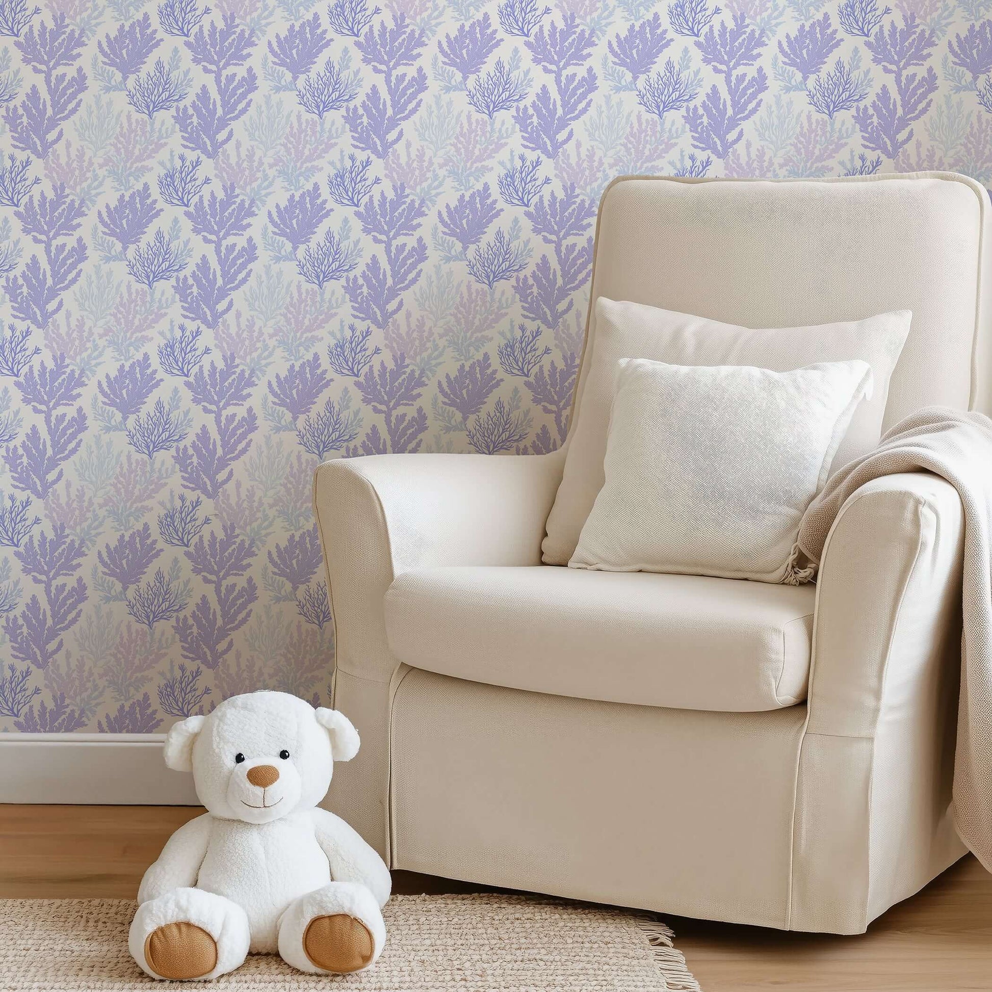 Coastal wallpaper featuring lavender and blue coral patterns, enhancing a beach house ambiance with marine, oceanic aesthetics.