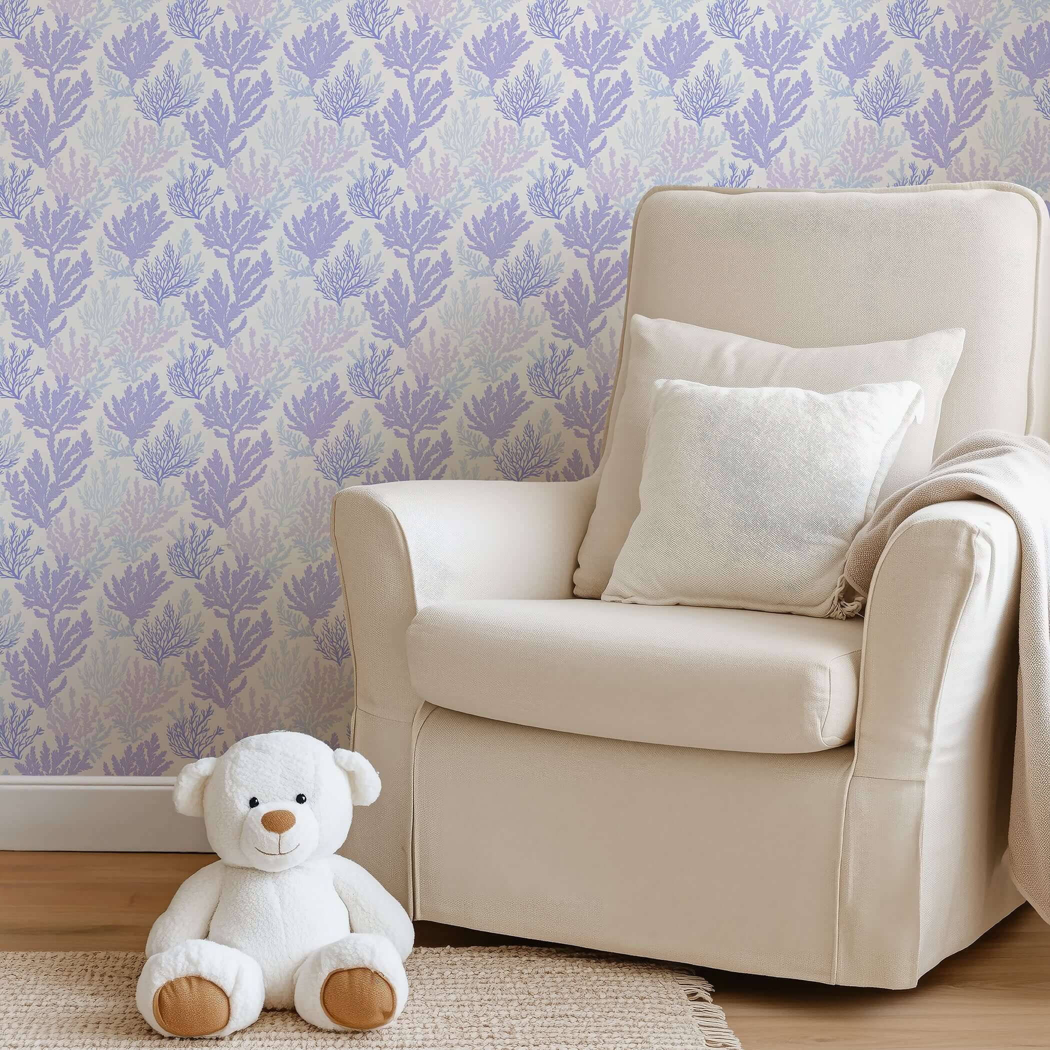 Coastal wallpaper featuring lavender and blue coral patterns, enhancing a beach house ambiance with marine, oceanic aesthetics.